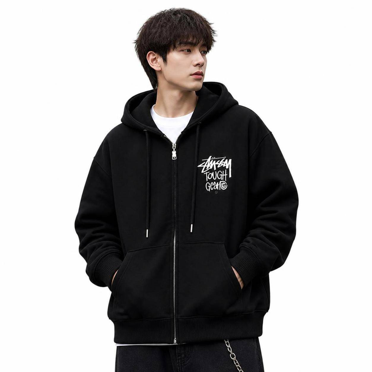 Stüssy バックプリント ジップアップパーカー ブラッ ステューシー ジップアップパーカー TOUGH GEAR ハーフジップパーカー