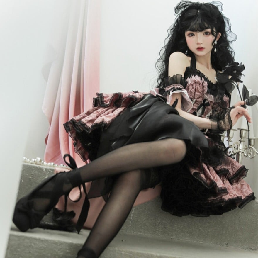 地雷系 コルセット風ミニワンピース ピンク黒フリルの甘ロリ|ライブ・イベント衣装