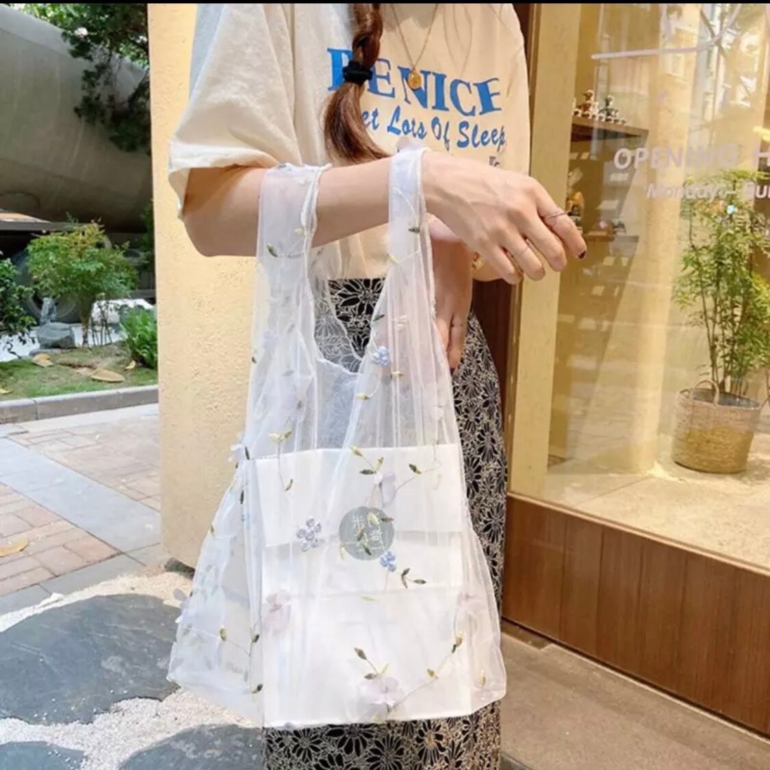 【即納】フラワーチュールエコバッグ》》》》》》》》》》チュール 花柄 エコバッグ トートバッグ 韓国 オーガンジー 可愛い 透け