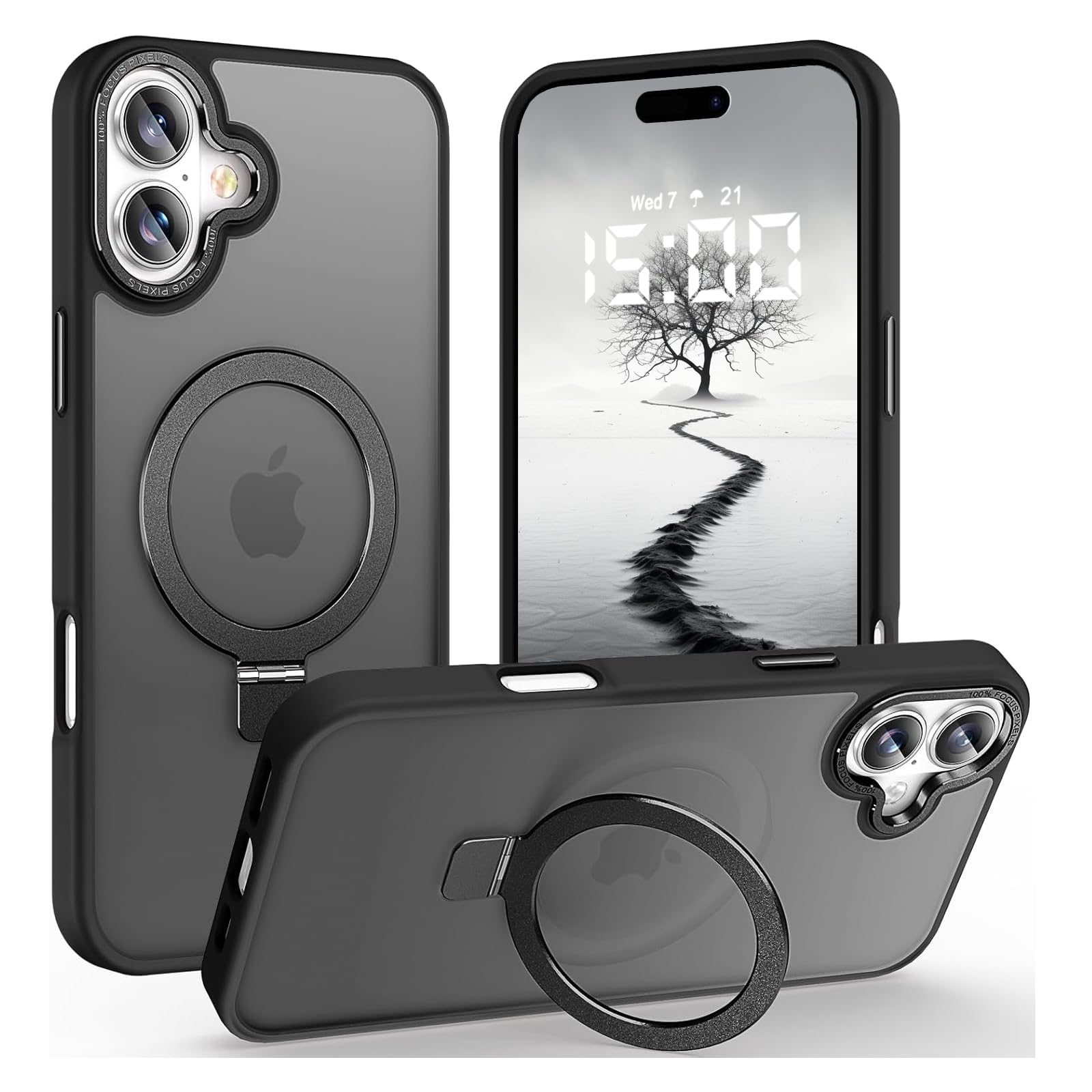 AVETUL iPhone 17 ケース MagSafe対応 隠しスタンド ワイヤレス充電対応 マット仕上げ マグネット搭載 超強磁力 滑り止め 米軍MIL規格耐衝撃 iPhone17ケース ストラップホール アイフォン17 半透明ハード カバー (ブラック)