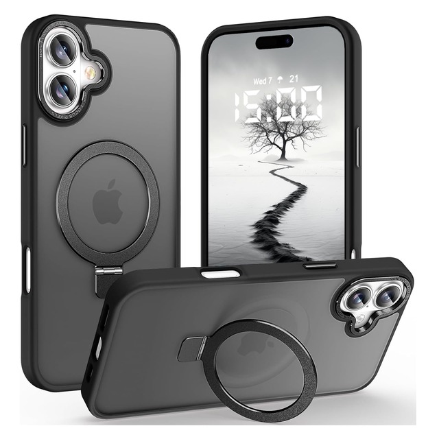 AVETUL iPhone 17 ケース MagSafe対応 隠しスタンド ワイヤレス充電対応 マット仕上げ マグネット搭載 超強磁力 滑り止め 米軍MIL規格耐衝撃 iPhone17ケース ストラップホール アイフォン17 半透明ハード カバー (ブラック)