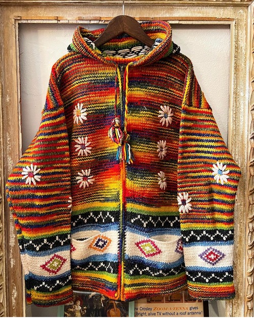 70's Ecuador flower pattern embroidery rainbow colour zip parker【L 】