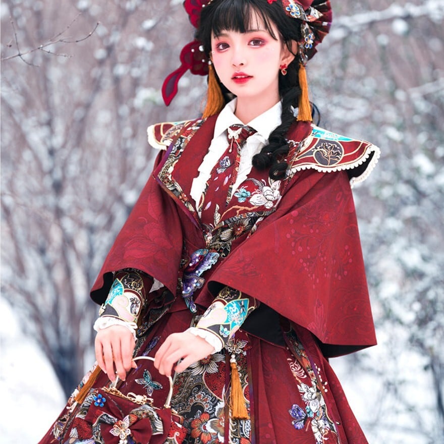 L*0様 ozz☆ozz on☆和ロリ☆チャイナ☆蝶々コルセット☆ゴスロリ 深紅に舞う蝶を纏う 中華ロリータ コルセット編上げベルト 立体装飾