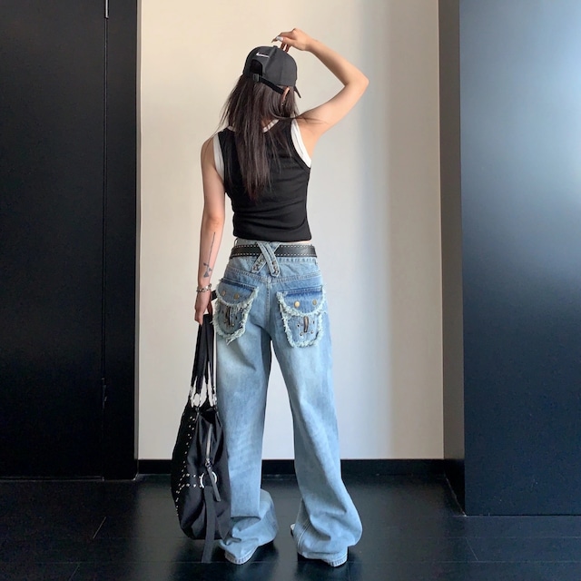 ダメージライクフラップポケットワイドデニムパンツ 1col R02442