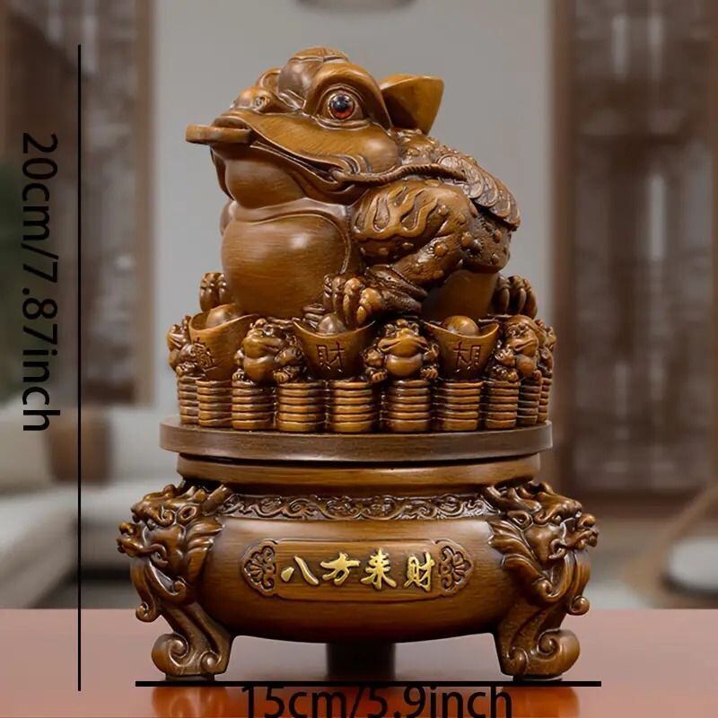 金色の光沢のあるブラウンカエルの石彫刻 回転する金色 ヒキガエル 置物 サンダルウッド仕上げ 縁起 財 仕事運