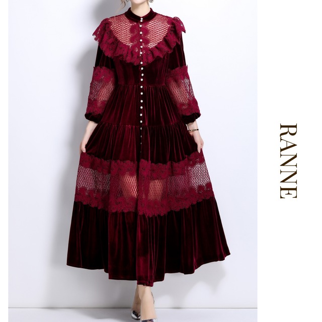 Bordeaux Lace Sheer Velvet Dress　a0287