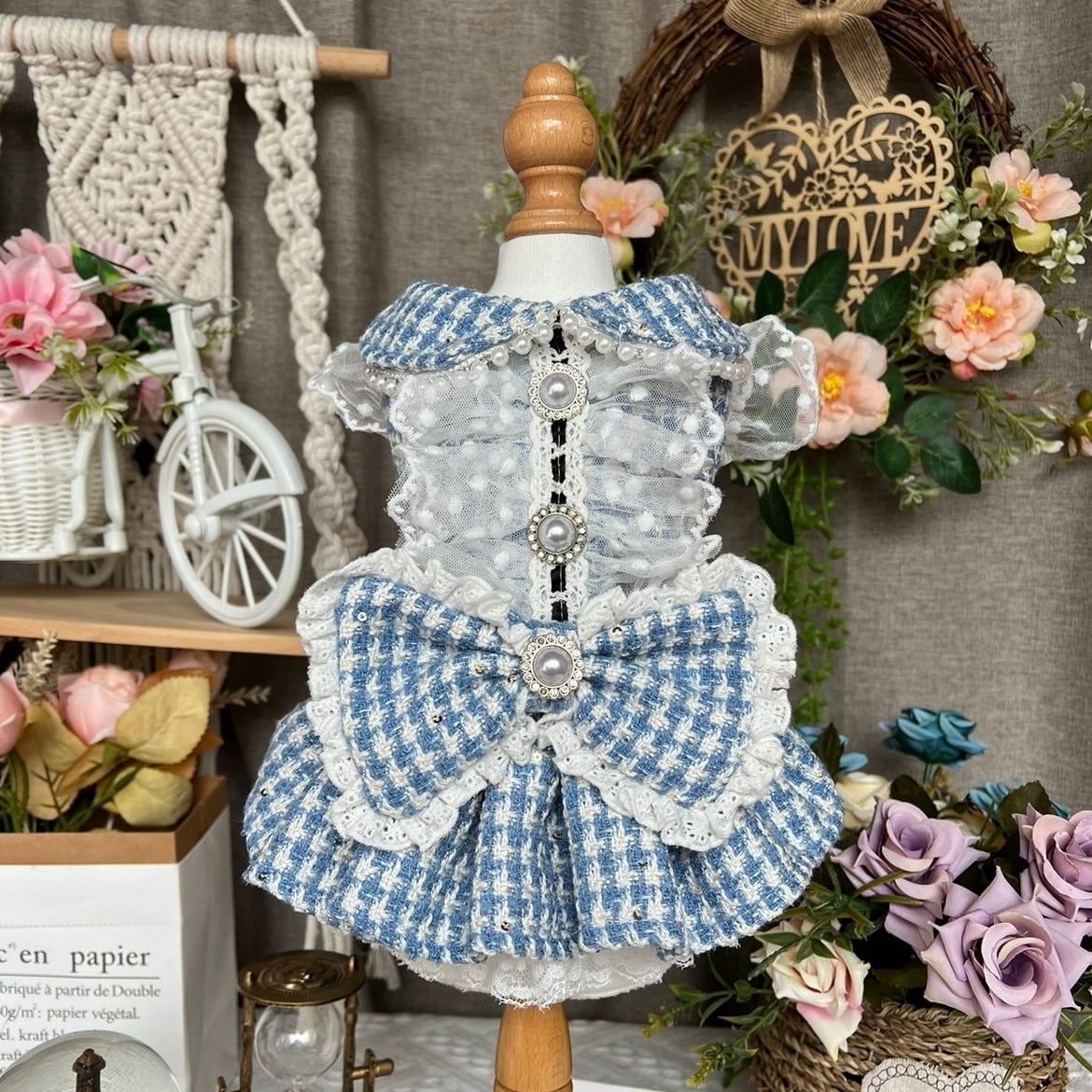 ブルーチェック・パールエレガンスドレス 00828