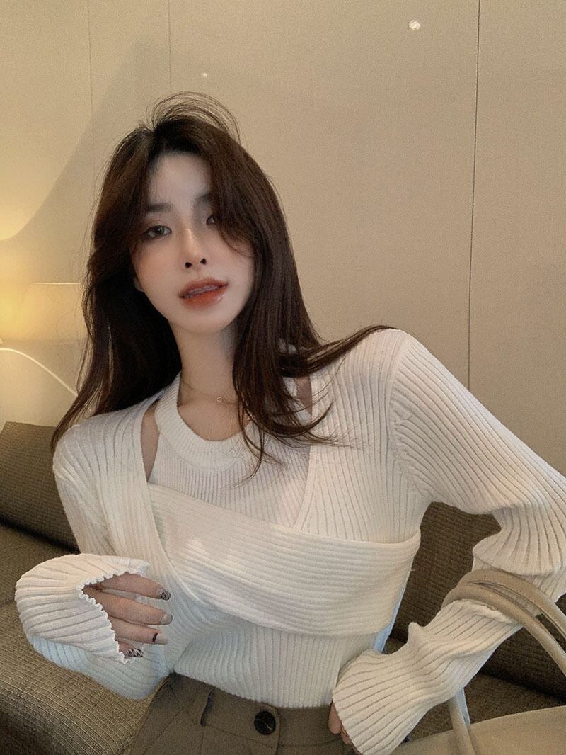 ニットシャツ ホルターショートセーター スプリングホワイトトップス ロング 春物 ブラックストロベリース70336534225