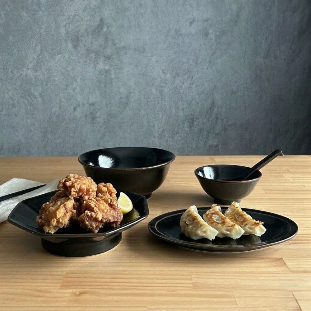 柚子黒天目 1人用 中華食器 5点セット 一人用 ラーメン丼 八角皿