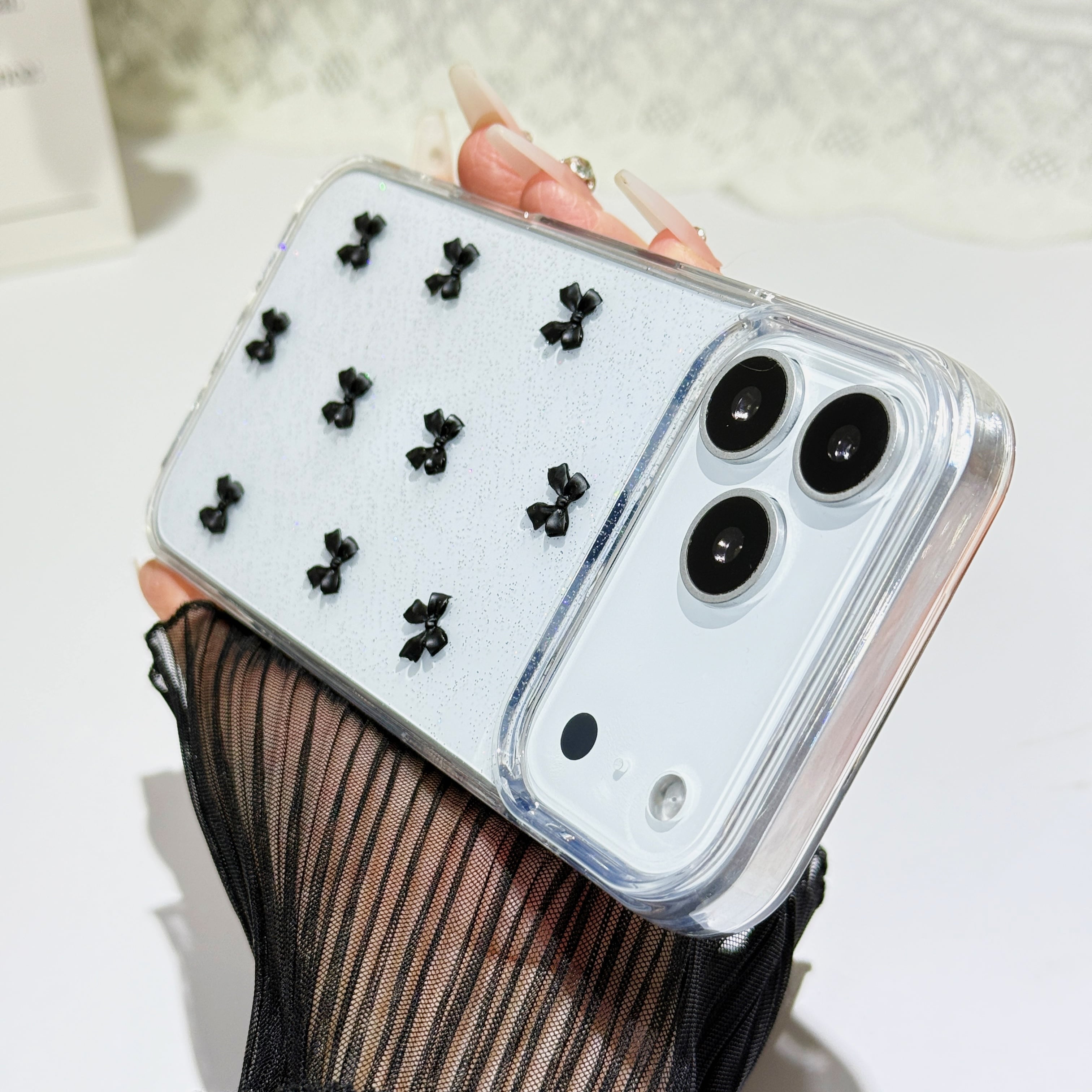 立体リボン iPhone 17 16 15 14 13 ケース クリア ラメ入り レジン