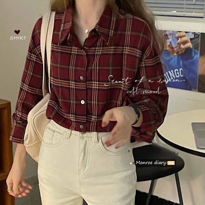 スタンダードレッド格子柄シャツ スプリングトップス コート ロング レトロ 春物 モンロー90346416767