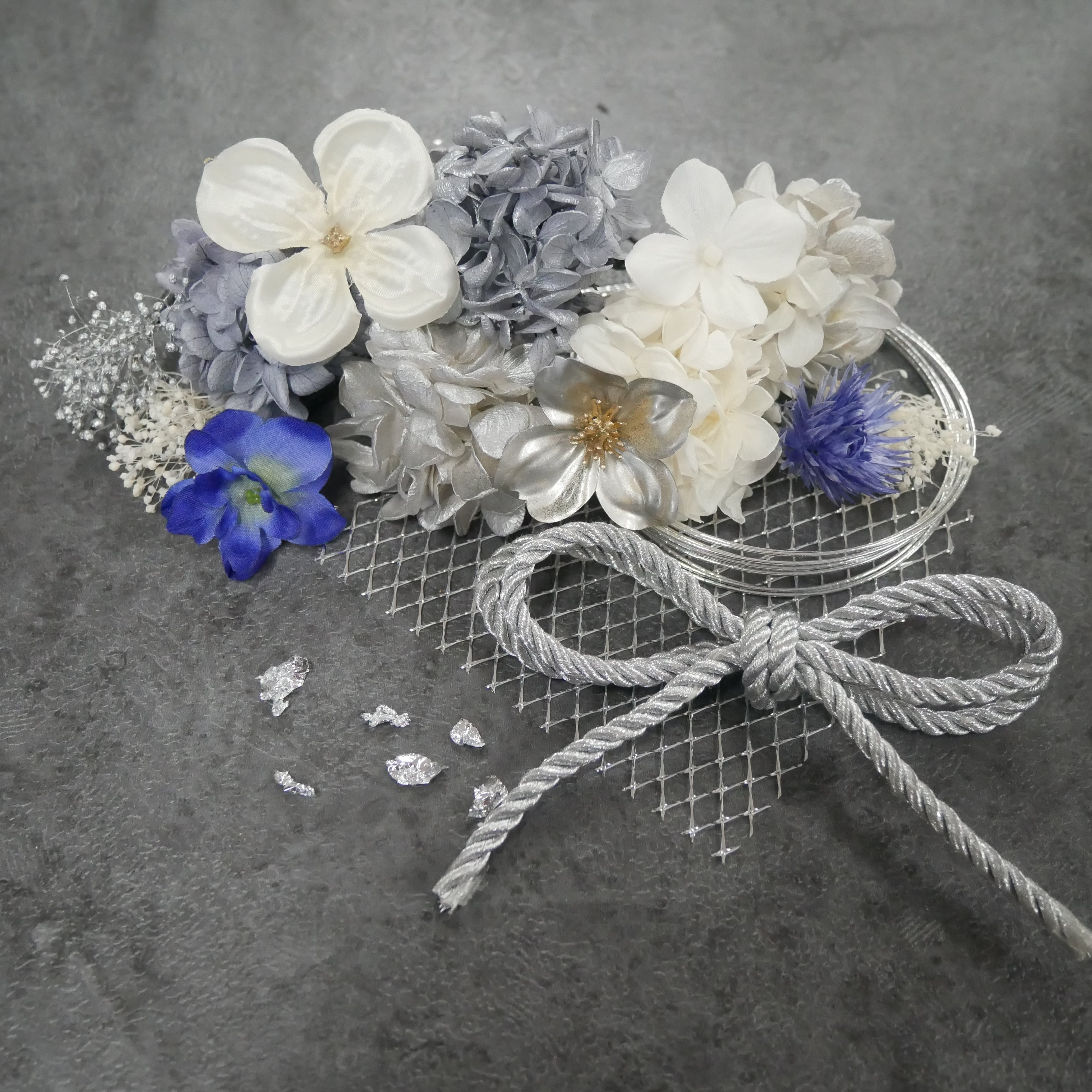 A296 ブルーシルバー ドライフラワー 髪飾り 卒業式 袴 成人式 振袖