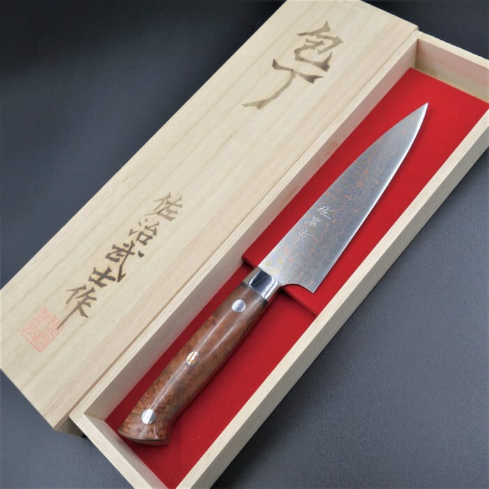 佐治作 包丁 ペティナイフ VG10 有色ダマスカス 135mm 花梨柄 越前打
