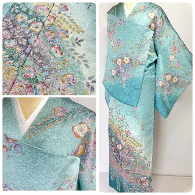 長尺金彩□霞に菊辻が花訪問着◇ブルーグレー叩染め◇ 