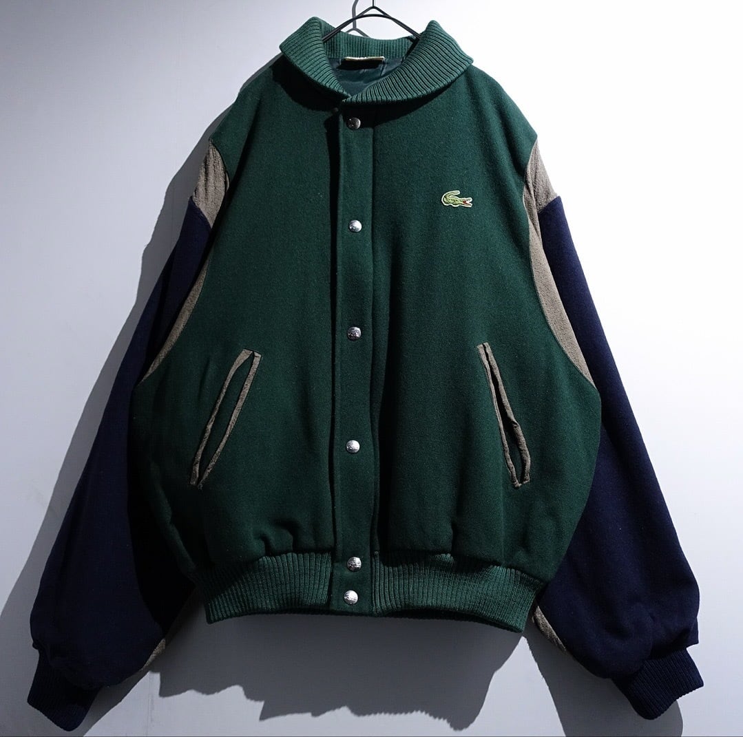 90s "LACOSTE" Multicolor Logo & Panel Design Wool Stadium Jacket
