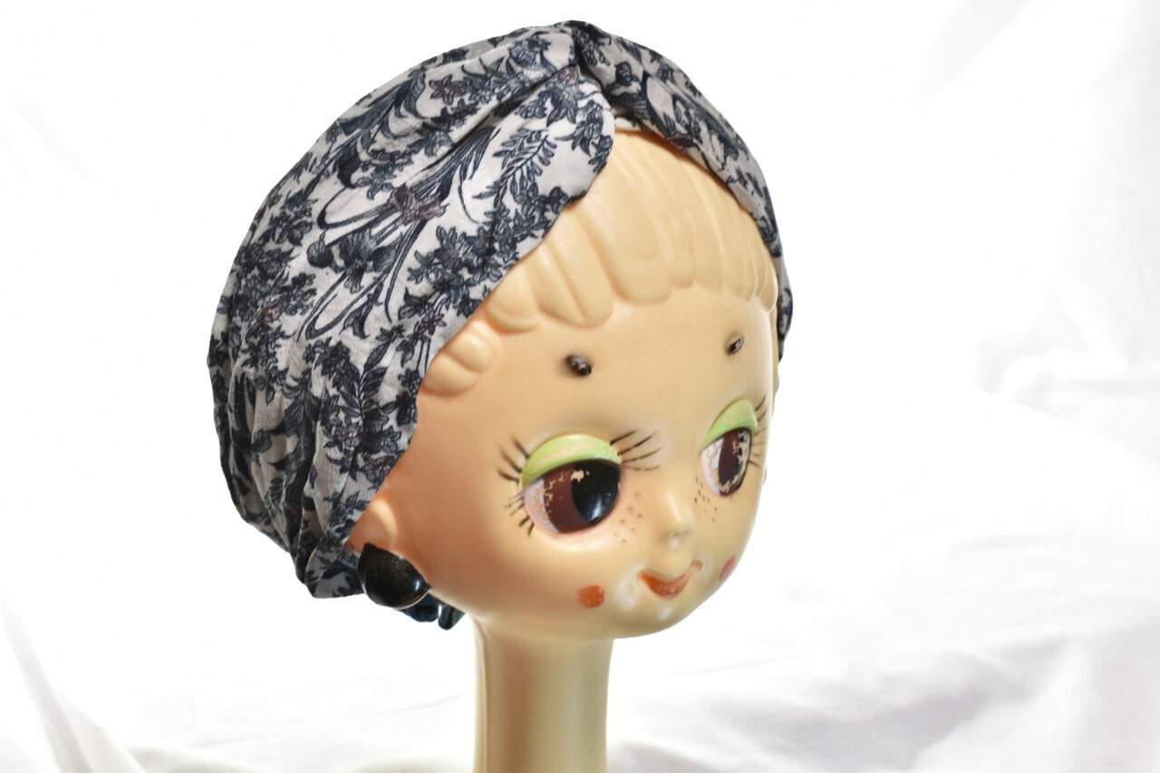 kimono cross turban 着物クロスターバン　ヘアバンド　着物リメイク　日本製　花柄　水色　ホワイト | Acote powered  by BASE