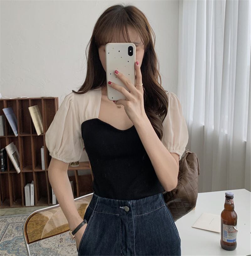 サマースタンダードショート薄手ニットセーター レッドトップス レディース レトロ 夏物 ステッチ ドラファッションホール31633258941