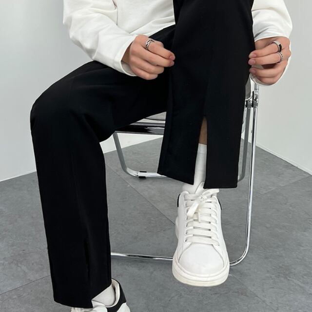 【予約販売】パンツ ボトムス スリット 足長効果 ルーズストレート メンズ 黒 ブラック カジュアル こなれ感 お洒落 韓国 トレンド 秋 夏 M/L/XL/2XL/3XL