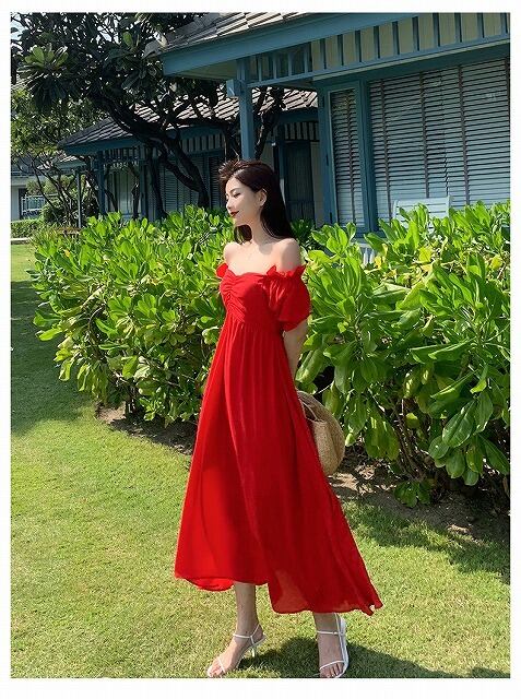 リゾートワンピース 赤 ハワイ 沖縄 グアム 50代 40代 30代 代 10代 ロング マキシ丈 背中あき 背中見せ ワンピース オフショルダー 肩だし 韓国の可愛いレディースアパレルのセレクトショップ Kilalion キラリオン