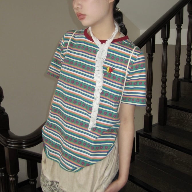 ステッチボーダーフラワーリンガーTEE_LN03025