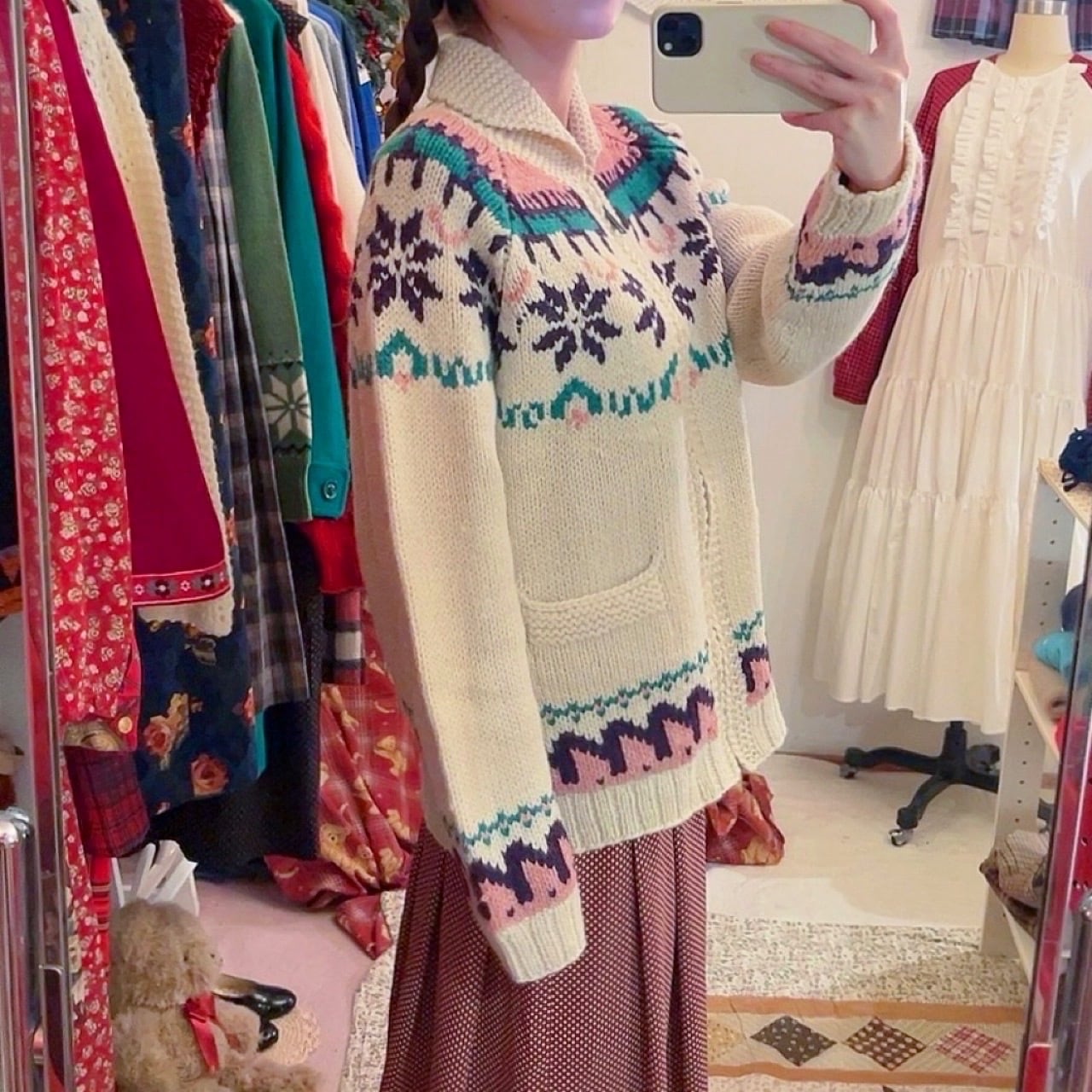 pink purple snowflake zip knit sweater