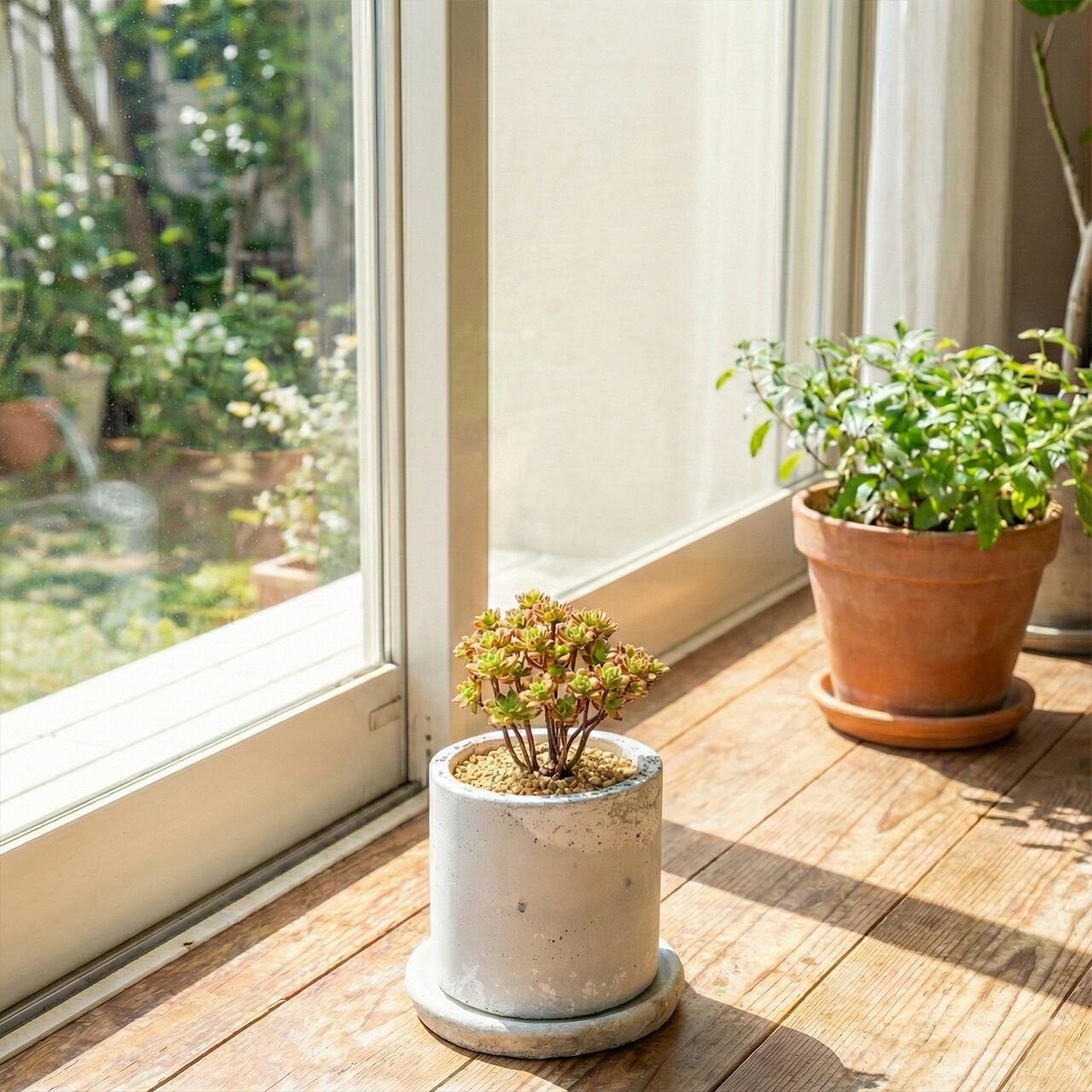 アエオニウム・小人の祭り錦｜ふた株の動きが可愛い盆栽仕立て【手づくりモルタル鉢】