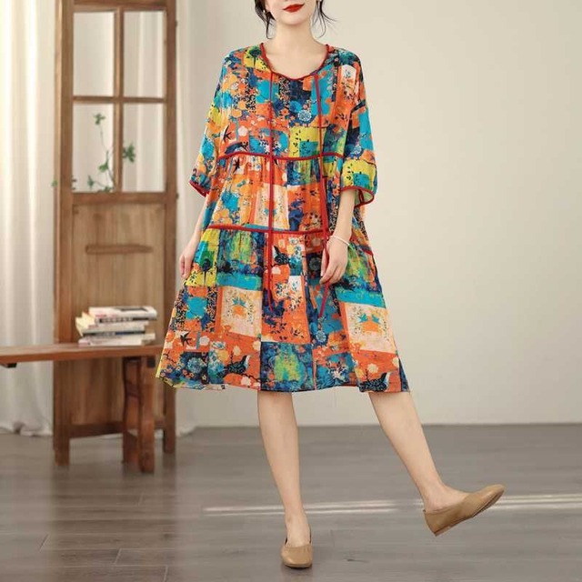 PRINT TIE NECK RELAXED TIERED MIDI DRESS M-17774