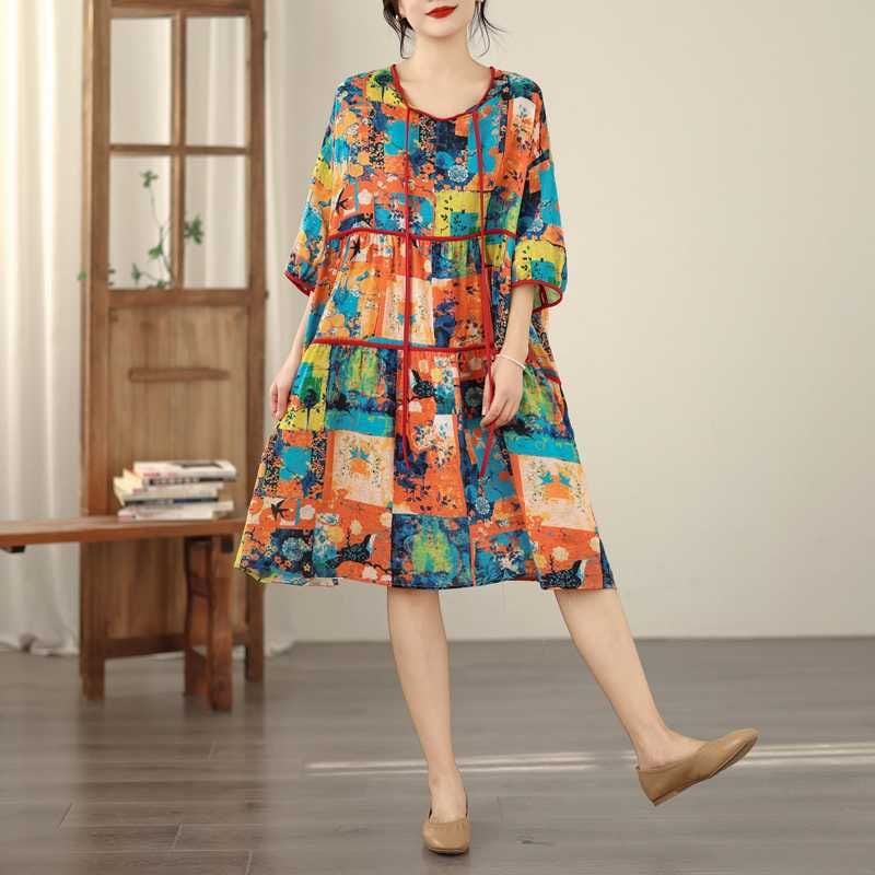 PRINT TIE NECK RELAXED TIERED MIDI DRESS M-17774