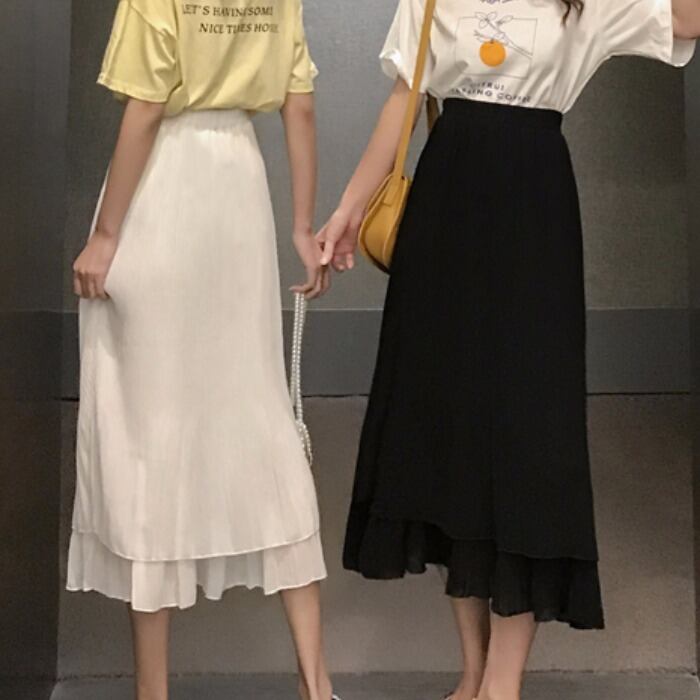 レディースサマードレス2019新バージョンのスリムAラインスモールブラックドレスハイウエストプリーツスカートルーズミドル丈ハーフレングススカート 1号婦人62970904473