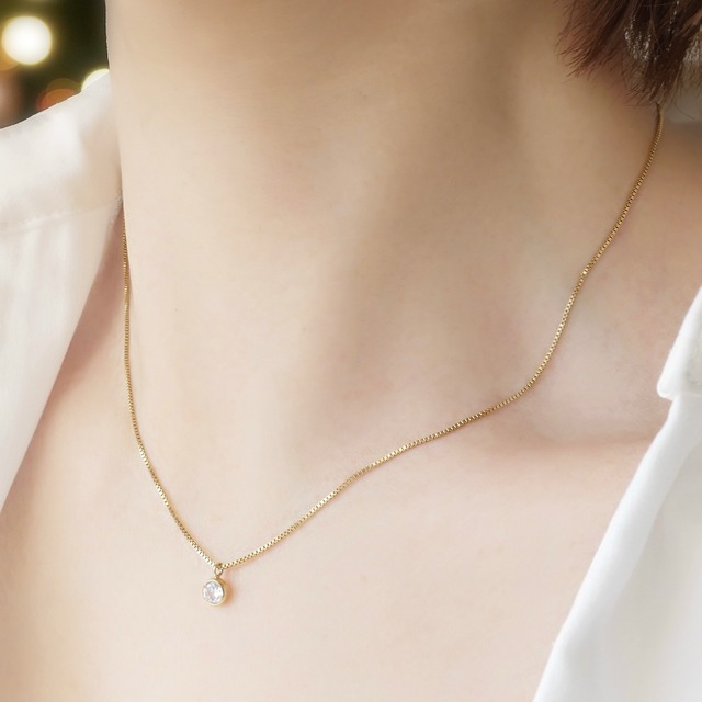 【肌になじむジュエリー】14kgf 一粒ジルコニアボックスチェーンネックレス クリスマスギフト 金アレ対応　重ね付けにも