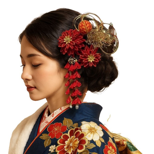 紅雅華（こうがか）｜つまみ細工 髪飾りセット 金 赤 成人式 卒業式 結婚式 和装 振袖 袴 和玉 水引 Uピン（S026） 画像