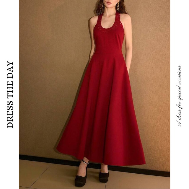 ホルターネックビーズフレアロングドレス W0095