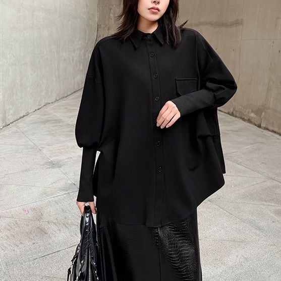 BLACK BALLOON SLEEVES LONG CUFFS WIDE DESIGN SHIRT 1color M-16091