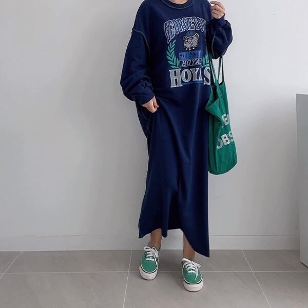 ワンピース ロング スウェット ロゴ 長袖 ゆったり カジュアル 即納】ロングワンピース スウェットワンピース ワンピース ロゴ