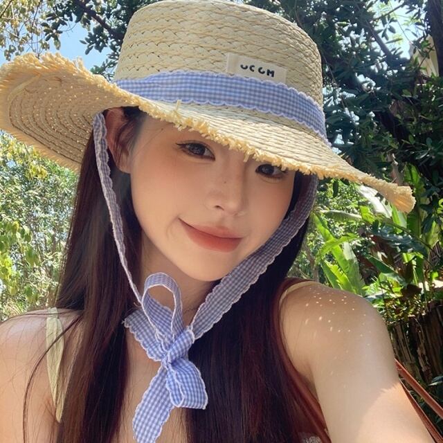 【予約販売】麦わら帽子 夏 リボン ギンガムチェック ハット レディース アウトドア 可愛い 日焼け防止 紫外線 ベージュ ブラウン 女優帽 こなれ感 お洒落 韓国 トレンド