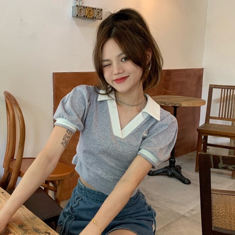 スタンダードスリーブトップス VネックカラースリムTシャツ レディース ランタンスリーブ レトロ ハンチェンe63700409904