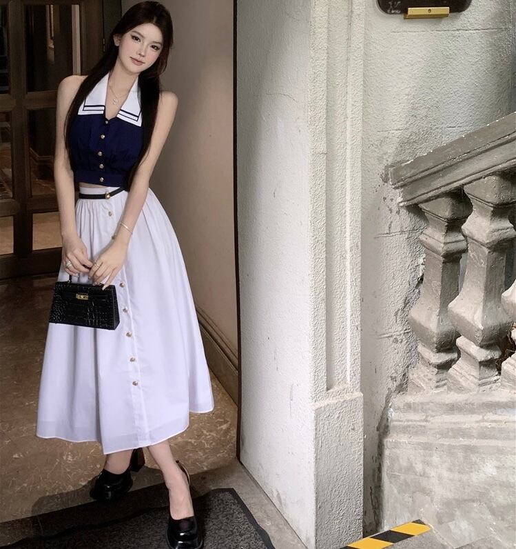 ロング》襟付きマリンノースリーブトップス＋ベルト付きスカート