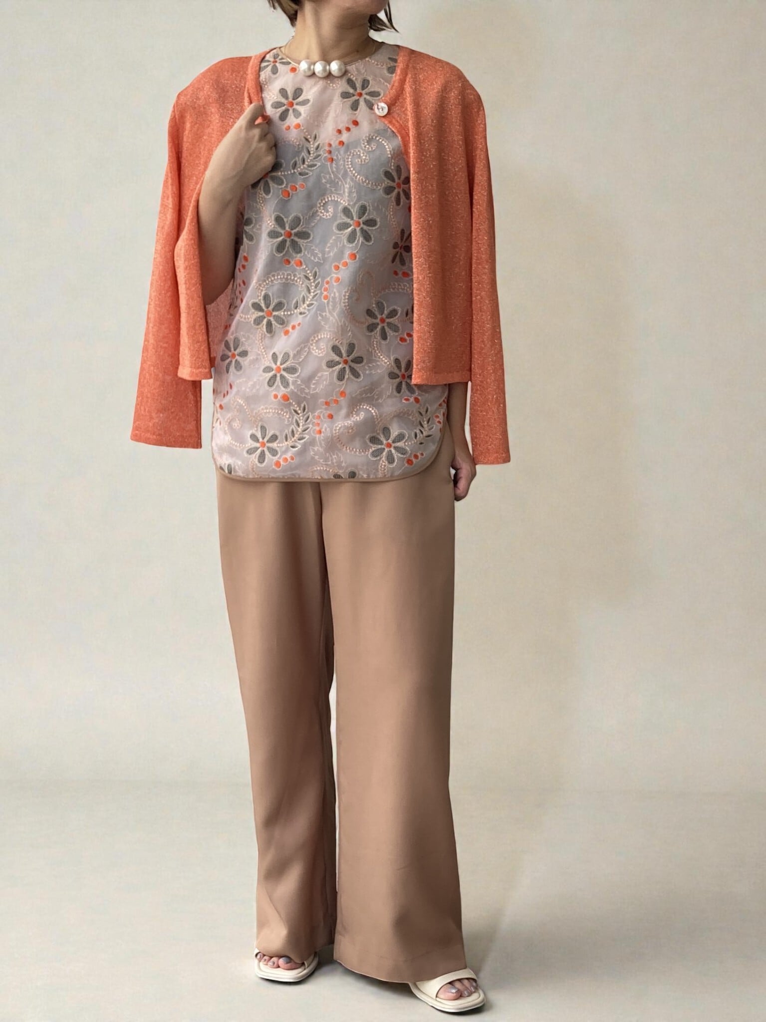 ナイロンオーガンオレンジフラワーブラウス