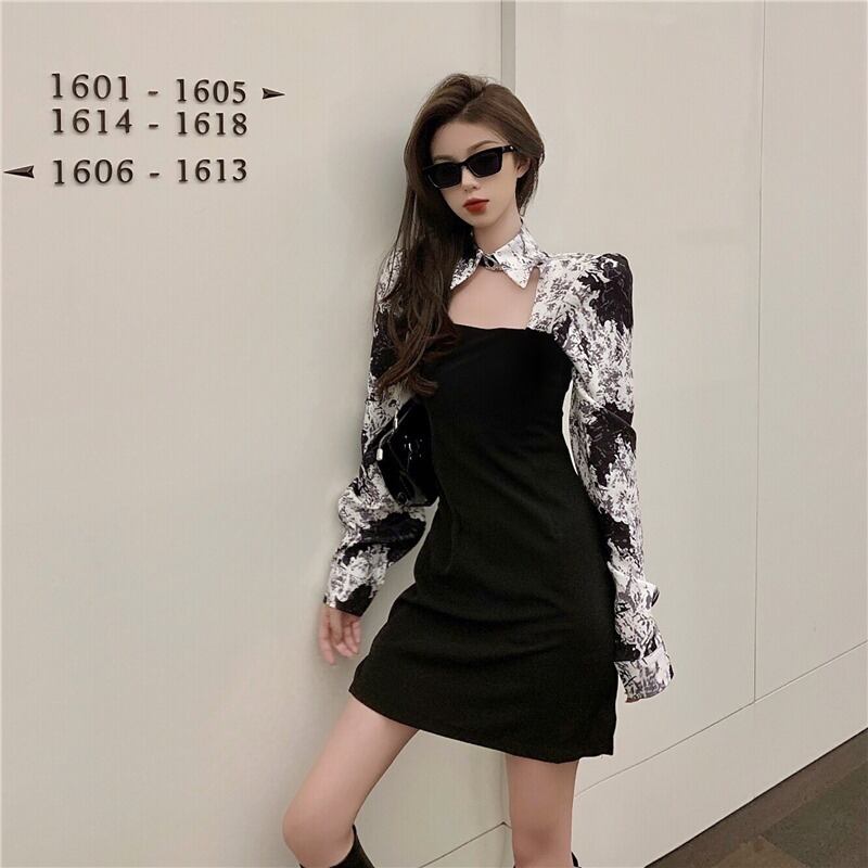偽の2枚のインクジャカードスモールウエストウエスト気質ドレス女性2020年秋新しいセクシーバッグヒップスカート ドラファッションホール21592629621