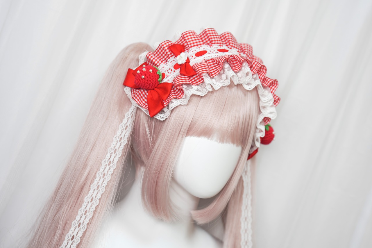 ♡【Sayakadoll original】【受注生産】 いちごとお花のパステルギンガムチェック柄 フリルレースリボンヘッドドレス yellow ♡