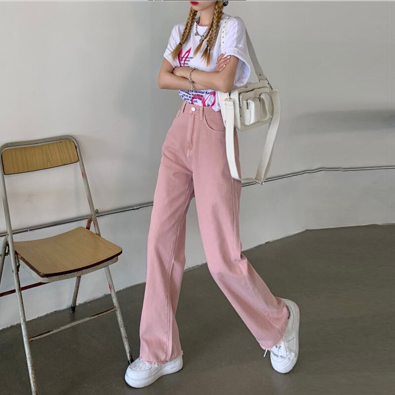 ジーンズ ルーズスプリングオータム薄手ハイウェストウェストワイドレッグパンツ ピンク 春物 秋物 ワイドパンツ 試着室55585670150