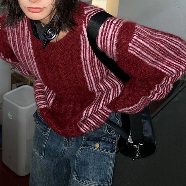 Mix stripe loose knit pullover*S-243