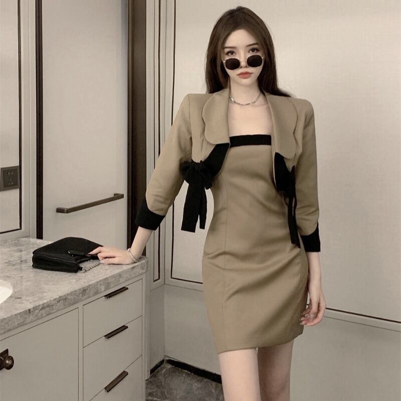 スリムトップス ドレス カラーリボンショートジャケット オータム ロング 秋物 ハンチェンe81766855508