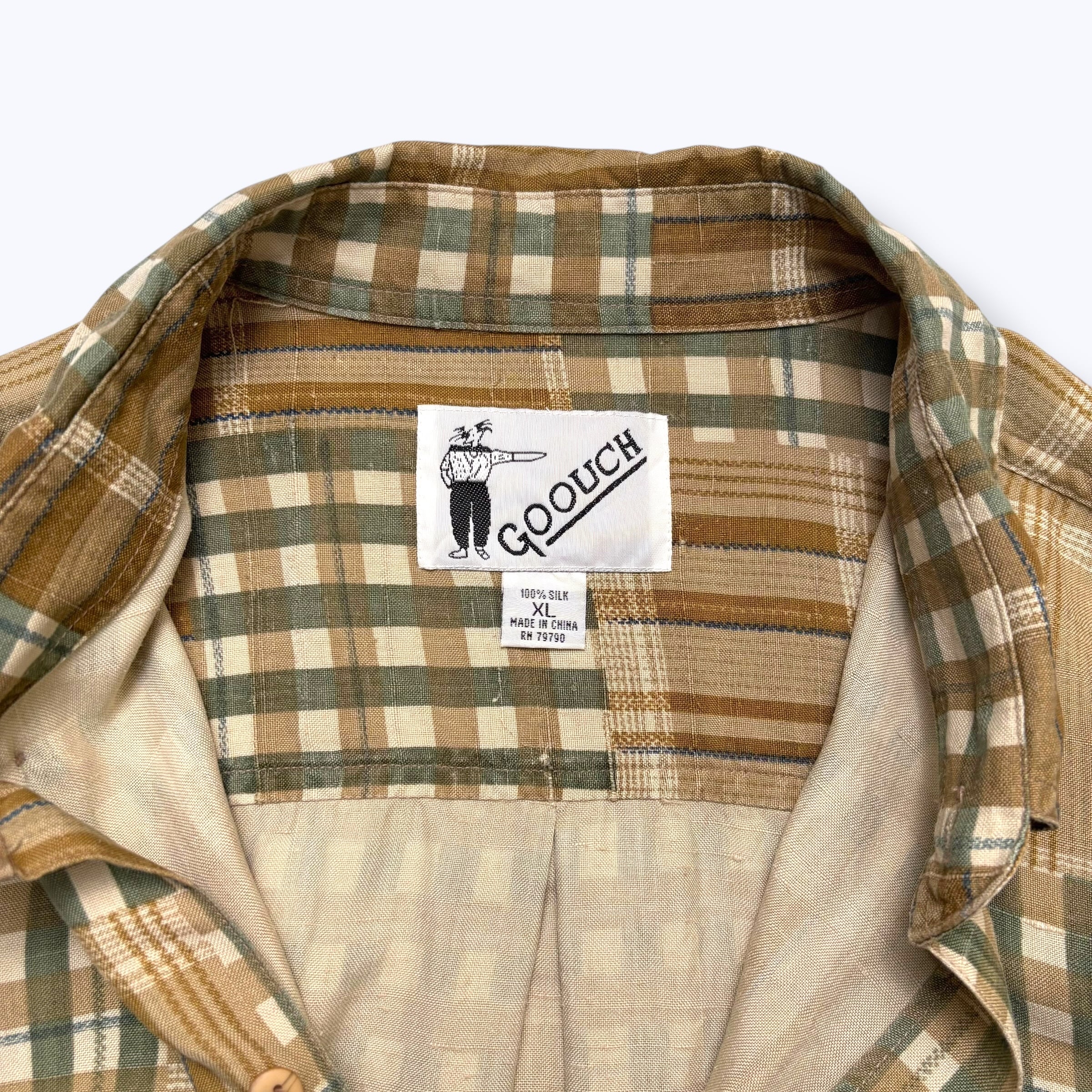 80s~ DEAD STOCK GOOUCH Patchwork Check Silk Shirts 【XL】 80年代
