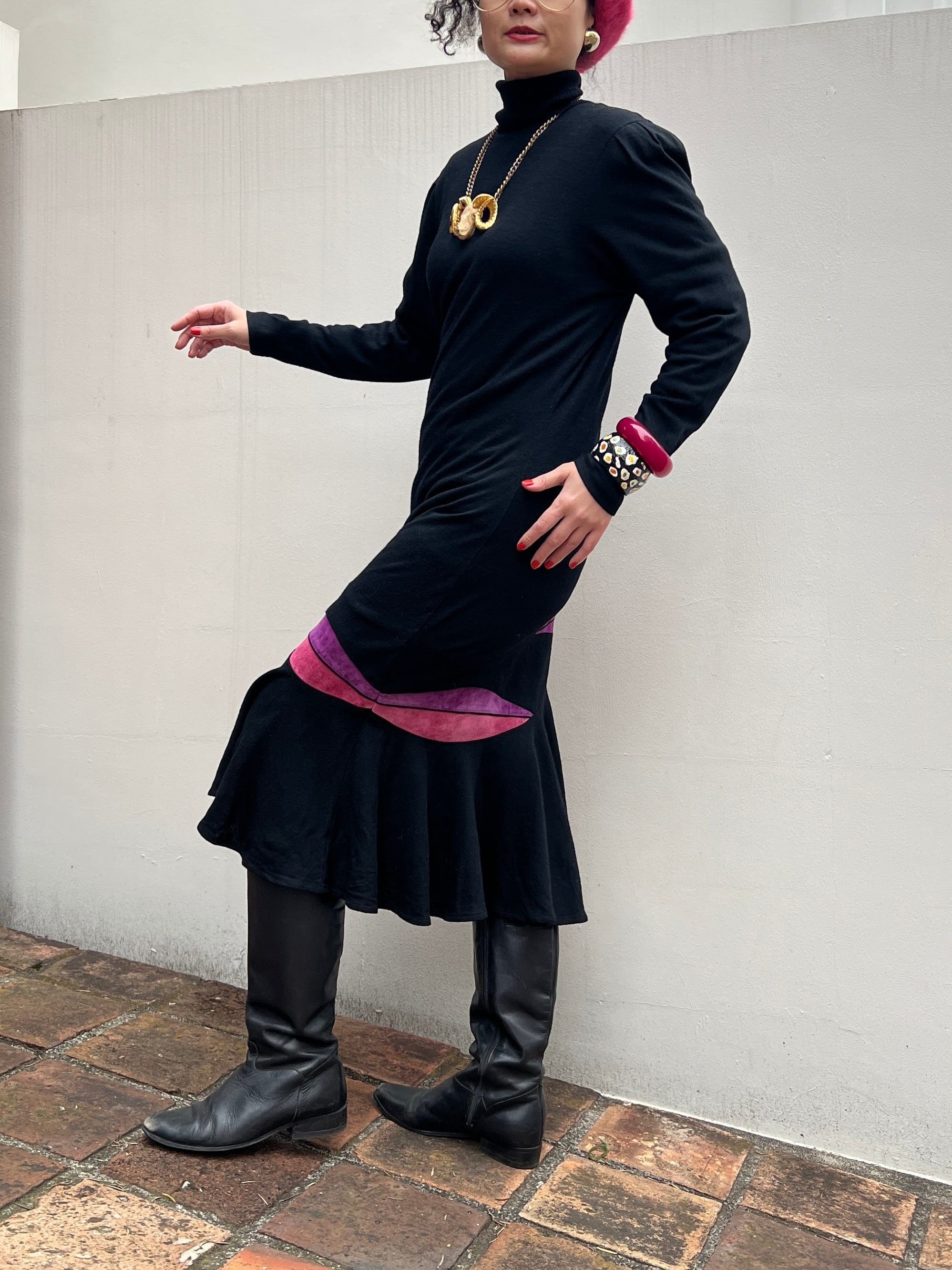 80s black wool × pink purple leaf wool knit dress ( ヴィンテージ ブラック ウール × ピンク パープル ニット ウール ワンピース )