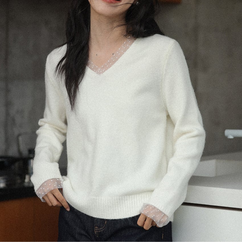 lace v-neck knit　J00407