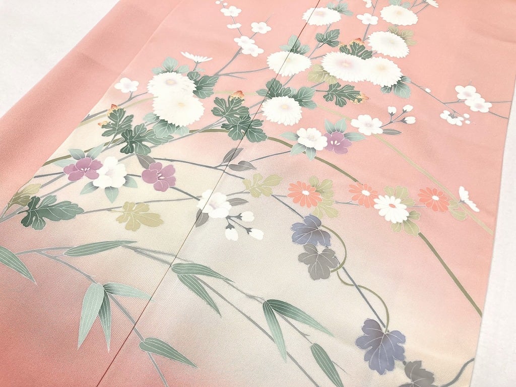 手描き友禅 四季の花々 訪問着 袷 正絹 サーモンピンク クリーム 白