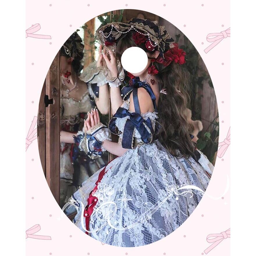 ネイビーゴスロリドレス フリルリボン付き　L380# ゴシックロリィタ ドレス ネイビー×レッド リボン装飾フリル｜WithU