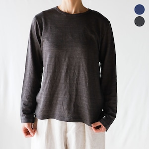 Vlas Blomme - Linen 天竺無地 長袖Tシャツ - Blue / Charcoal Brown