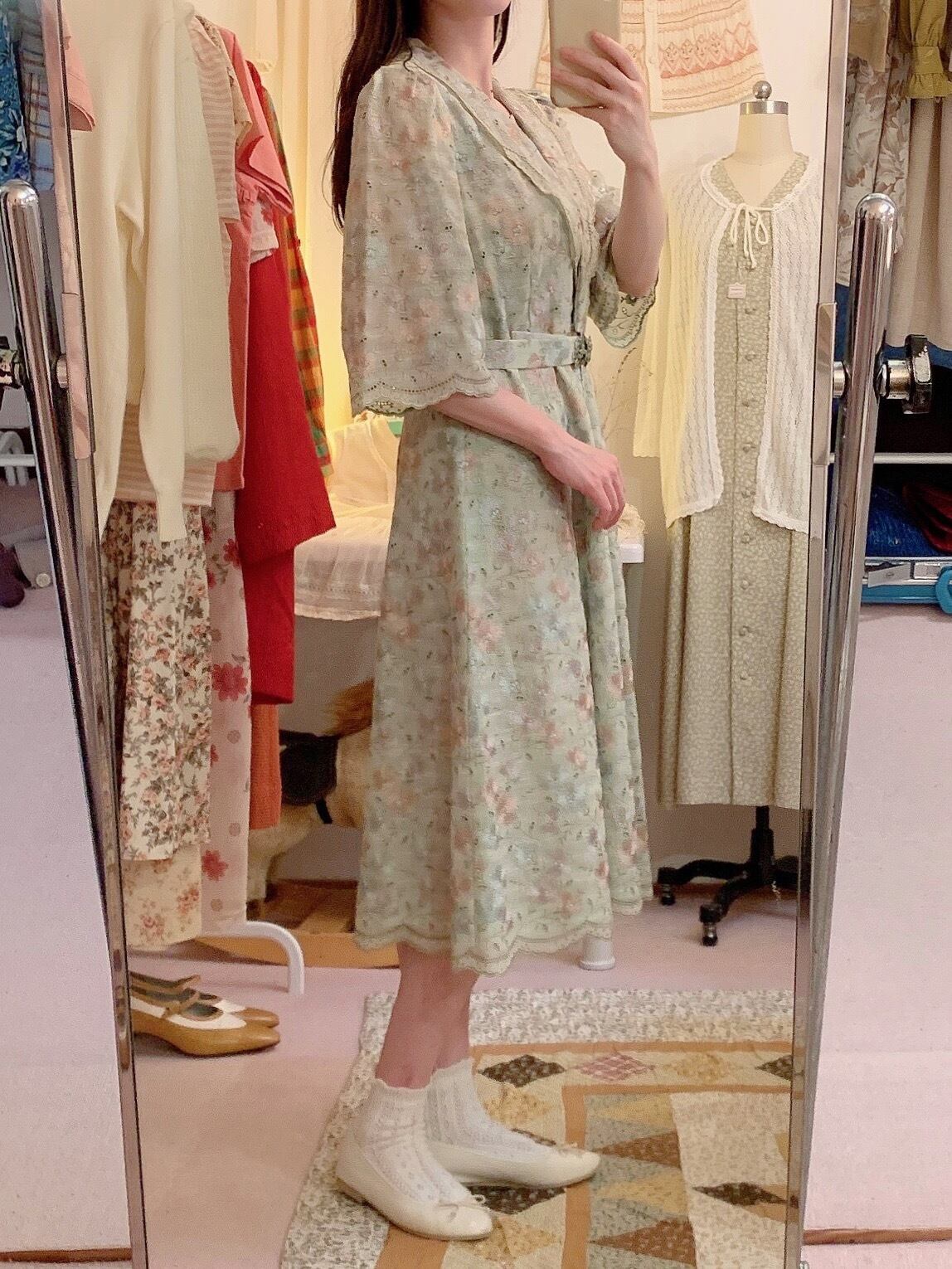 flower embroidery lace green one-piece